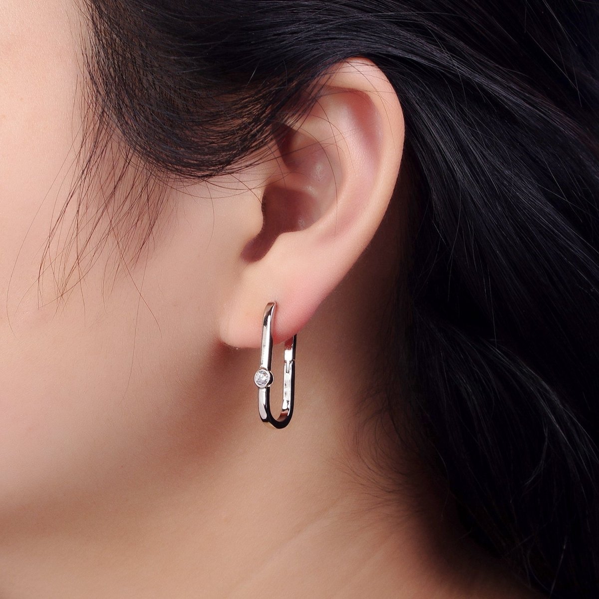 Minimalist White Gold plated Oblong Earring Silver Hoop Earring with CZ Stone Minimalist Jewelry AB-1053 - DLUXCA