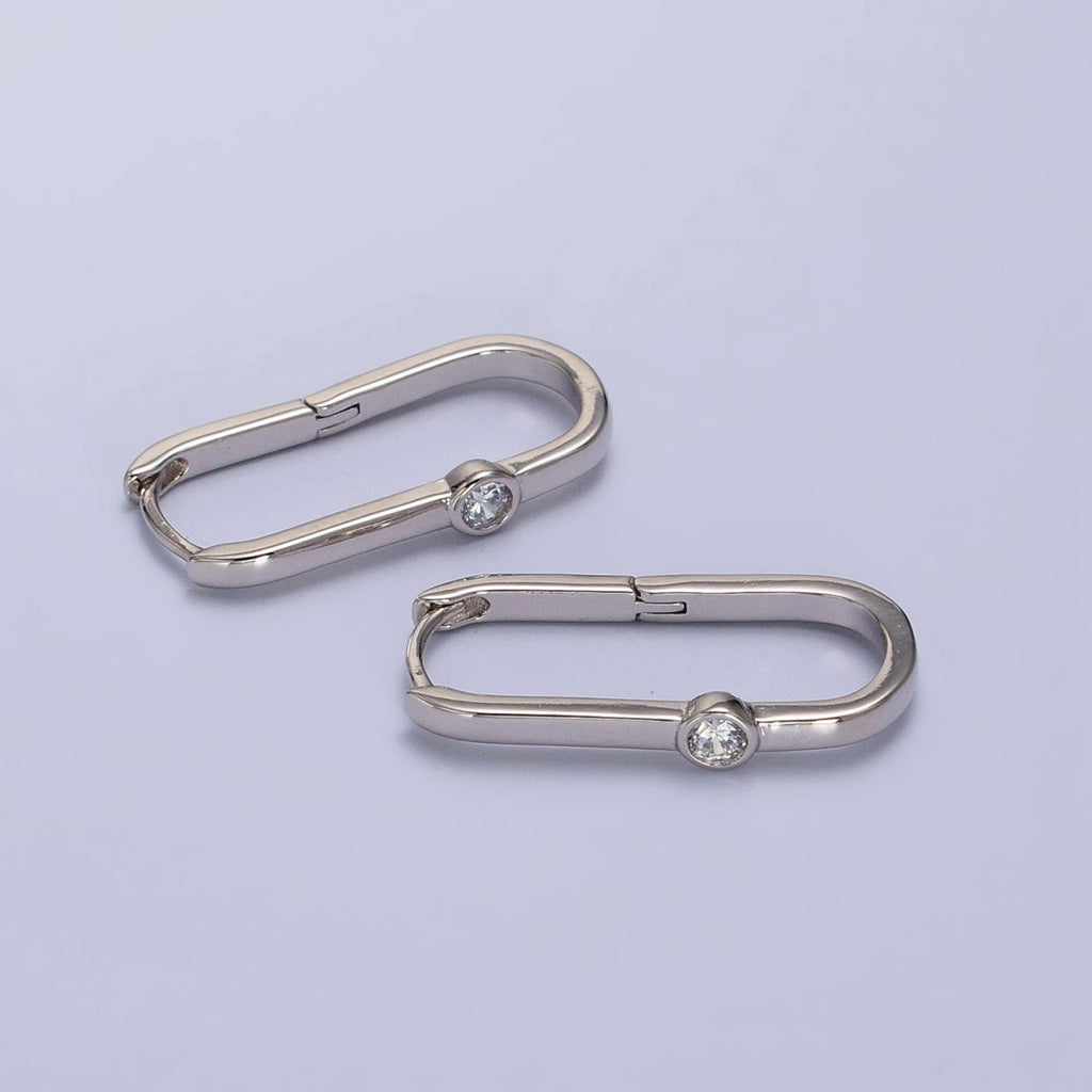 Minimalist White Gold plated Oblong Earring Silver Hoop Earring with CZ Stone Minimalist Jewelry AB-1053 - DLUXCA