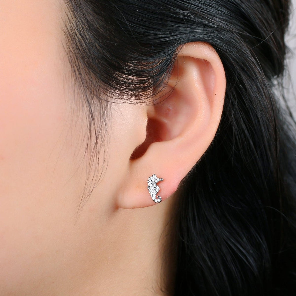 Mismatched Stud Earring Dainty Sea Horse Stud Earring, Gold Sea Horse Earring, Micro Pave Earrings Animal Studs Minimalist Stud Earrings Q-370 - DLUXCA