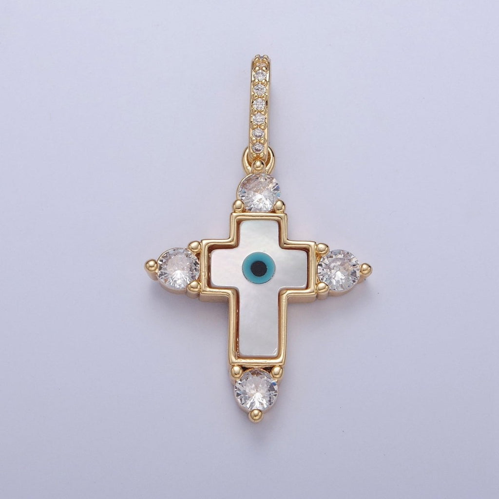 Mother of Pearl Cross Necklace Pendant Eye Cross Charm Micro Pave Cross Medallion Religious Jewelry J-638 - DLUXCA