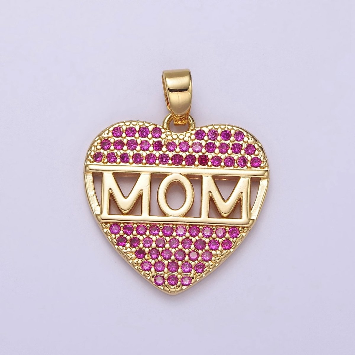 Mother's Day heart shaped Pendant CZ Pink charm Mom Script in 18k Gold plated for DIY jewelry J-387 - DLUXCA
