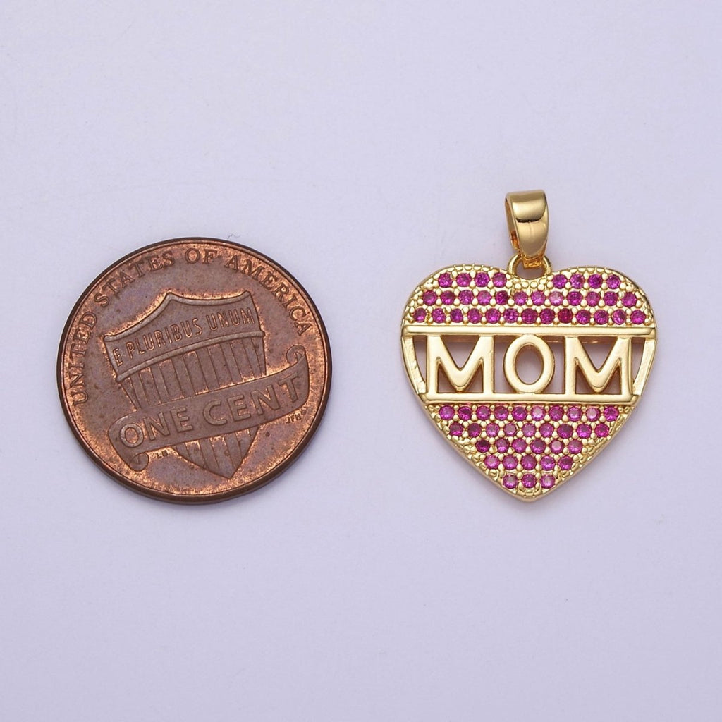 Mother's Day heart shaped Pendant CZ Pink charm Mom Script in 18k Gold plated for DIY jewelry J-387 - DLUXCA