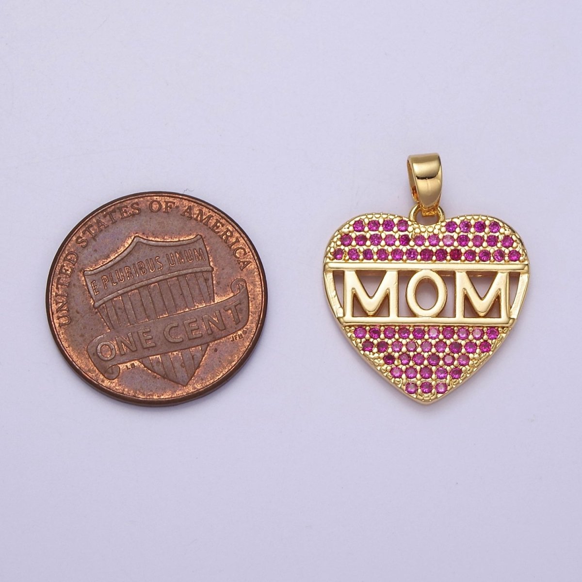Mother's Day heart shaped Pendant CZ Pink charm Mom Script in 18k Gold plated for DIY jewelry J-387 - DLUXCA