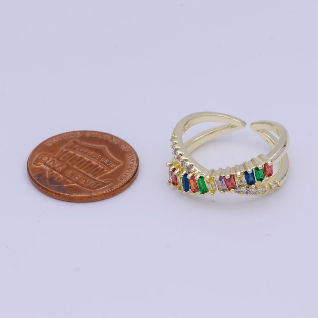 Multi Color Baguette Ring Rainbow CZ Gold Band Adjustable Ring X-620 - DLUXCA