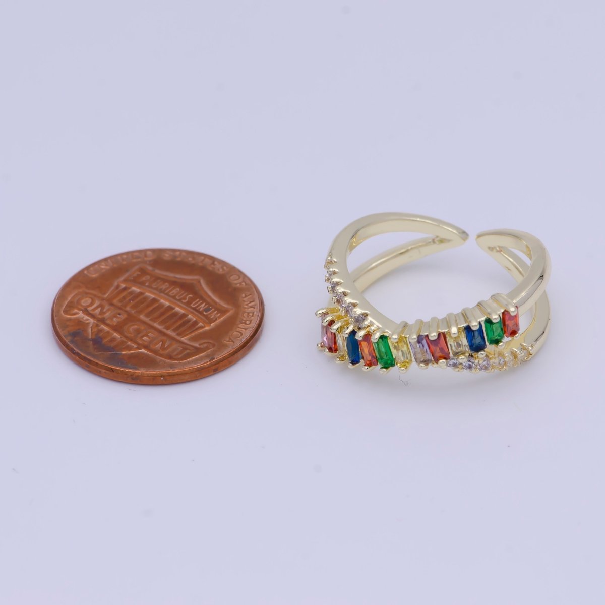 Multi Color Baguette Ring Rainbow CZ Gold Band Adjustable Ring X-620 - DLUXCA