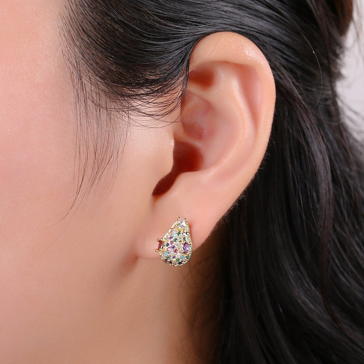 Multi Color Gold Tiny Stud Earrings - Rainbow Micro Pave Studs - Dainty CZ Studs 10mm Tear Drop Crystal Small Stud Earrings Q-311 - DLUXCA
