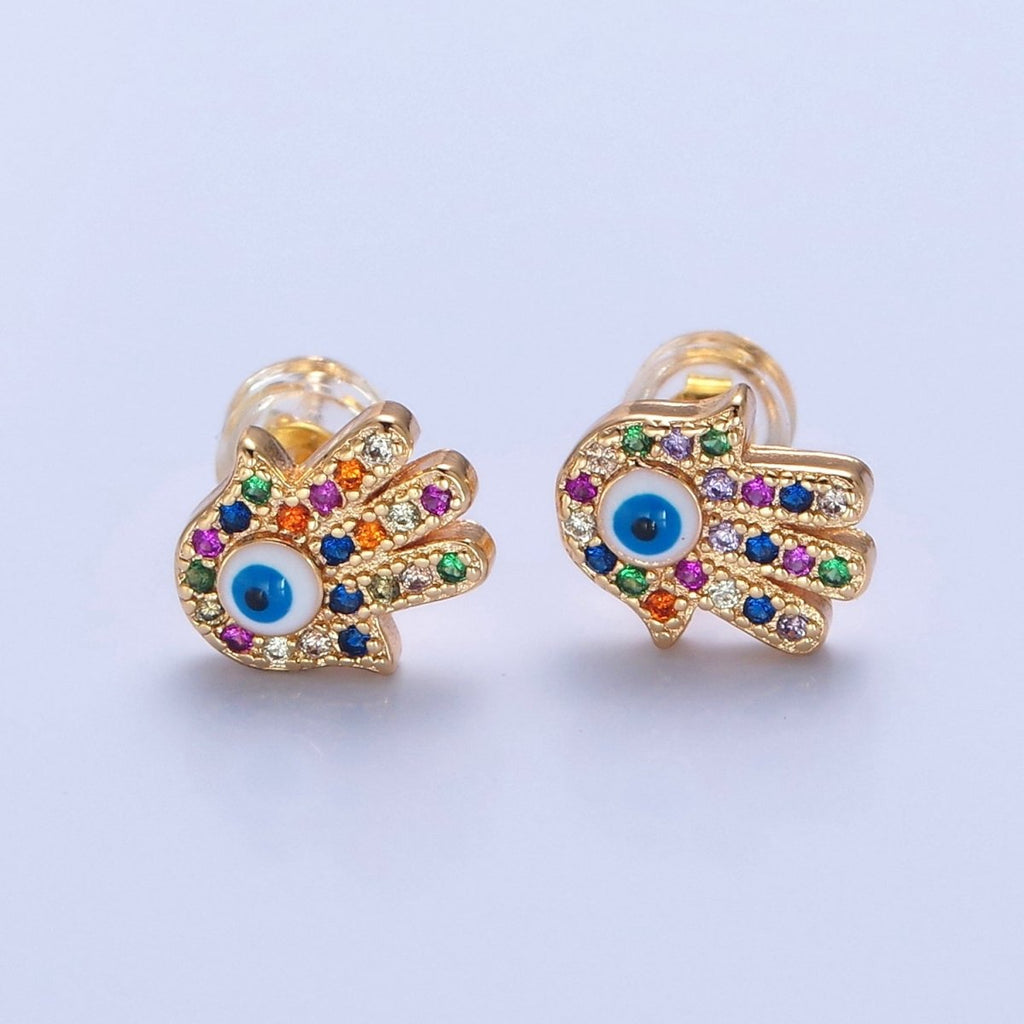 Multi Color Hand Stud Earring Gold Evil Eye Pave Earring T-500 - DLUXCA
