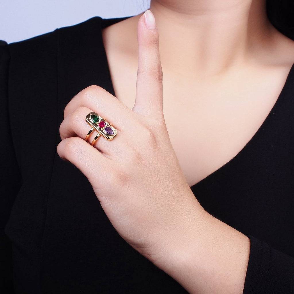 Multicolor Cz Stone Geometric Ring in Gold Silver with Tear Drop Oval Cz Stone Y-623 Y-624 - DLUXCA