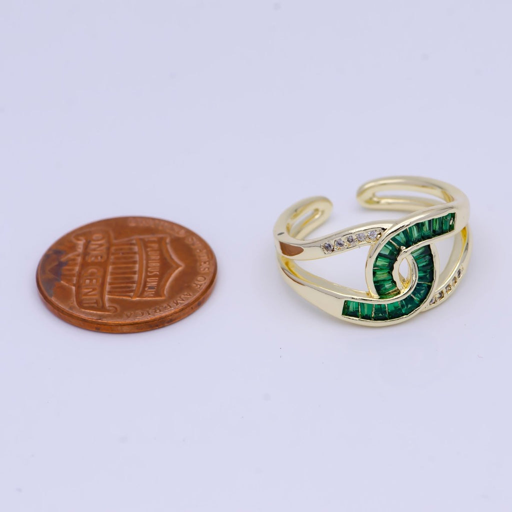 Multicolor, Green, Clear Baguette Micro Paved Knot Double Band Gold Ring | O-925, U-267, U-295