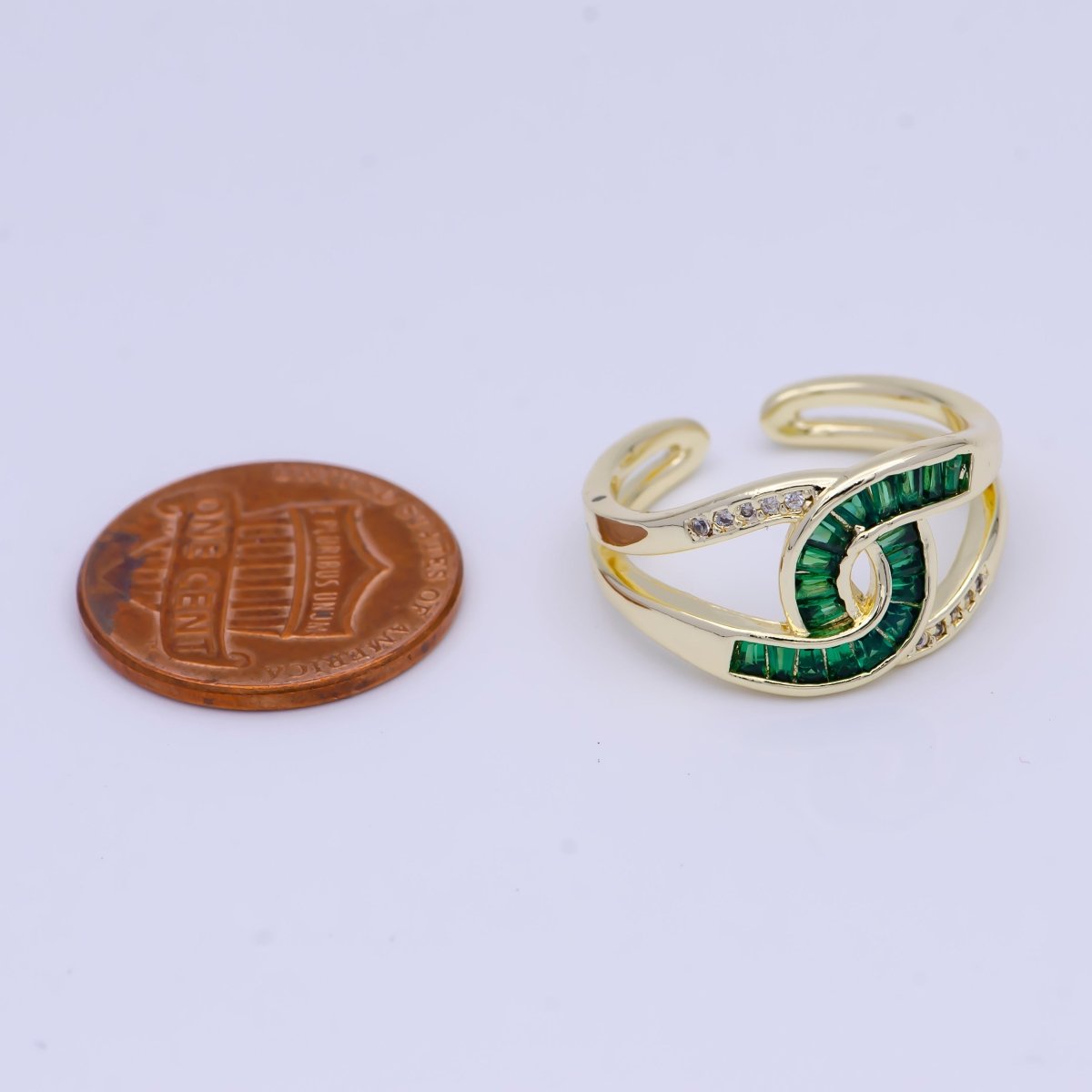 Multicolor, Green, Clear Baguette Micro Paved Knot Double Band Gold Ring | O-925, U-267, U-295