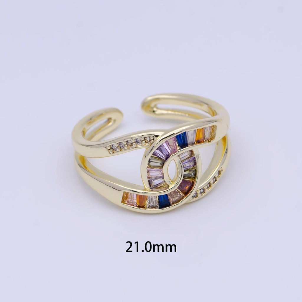 Multicolor, Green, Clear Baguette Micro Paved Knot Double Band Gold Ring | O-925, U-267, U-295