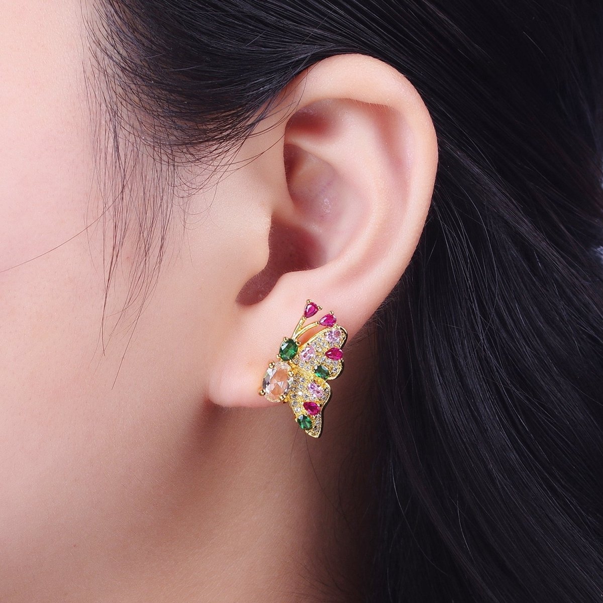 Multicolor Micro Paved Mariposa Butterfly Cubic Zirconia CZ Teardrop Oval Gold Stud Earrings | P-276 - DLUXCA