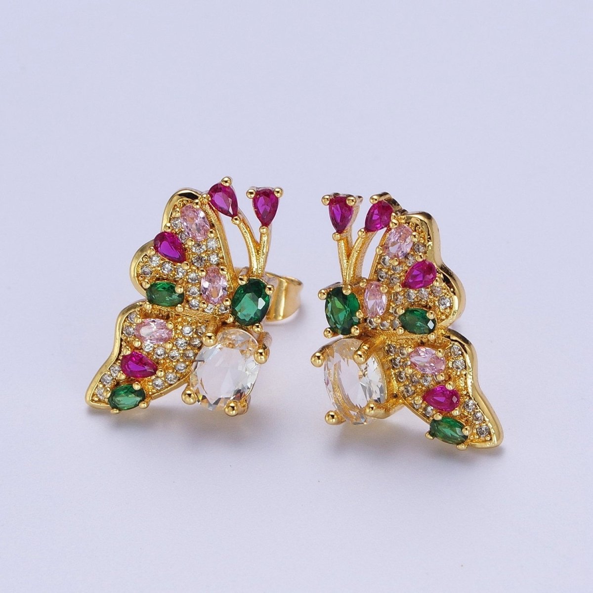 Multicolor Micro Paved Mariposa Butterfly Cubic Zirconia CZ Teardrop Oval Gold Stud Earrings | P-276 - DLUXCA