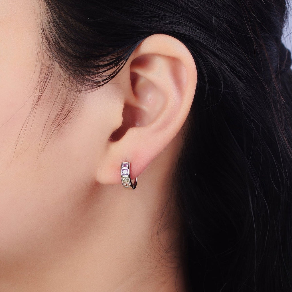Multicolor Pastel Checkered Square CZ 12mm Cartilage Silver Huggie Earrings | AB268 - DLUXCA