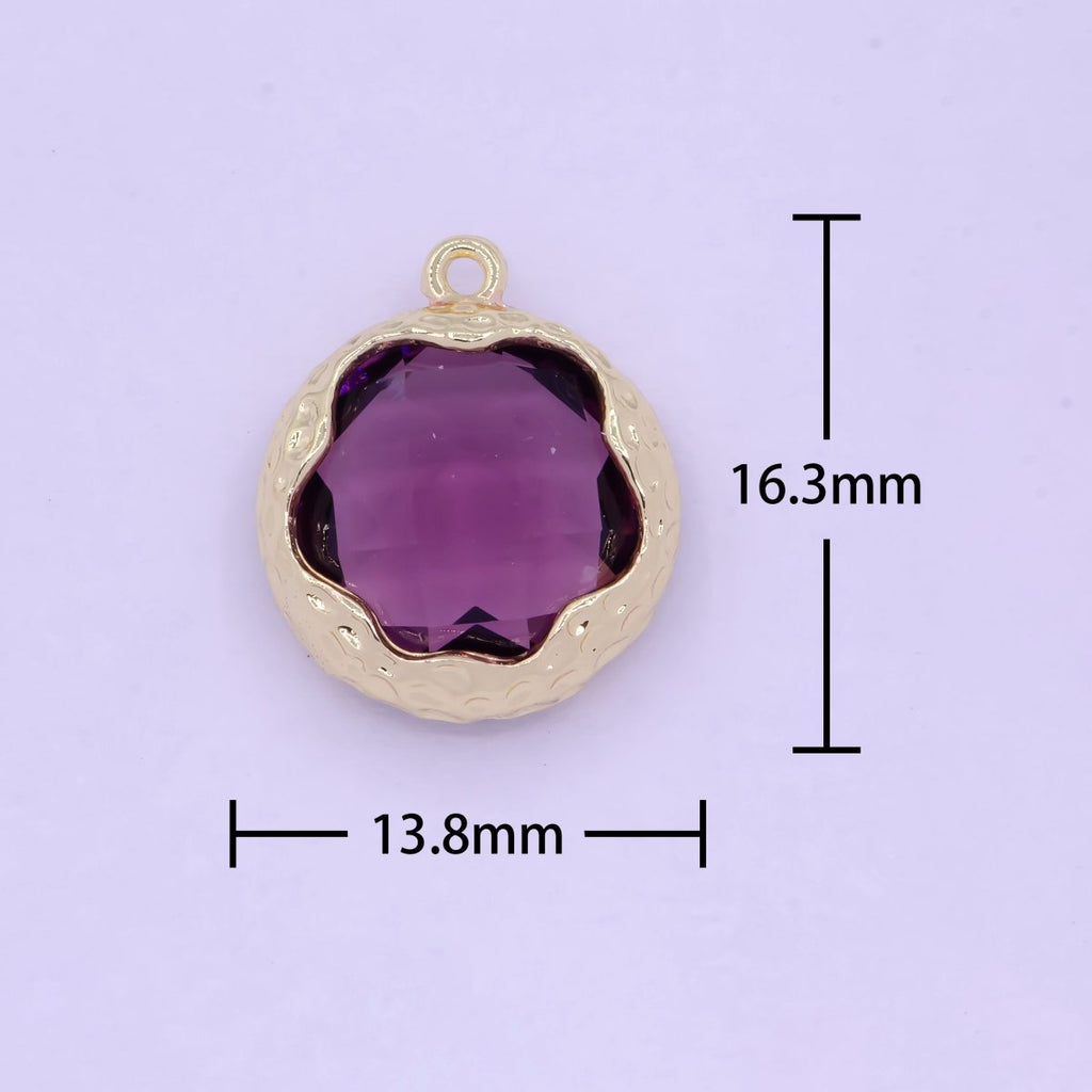 Multifaceted Purple CZ Flower Geometric Hammered Round Gold Charm AG-079 - DLUXCA