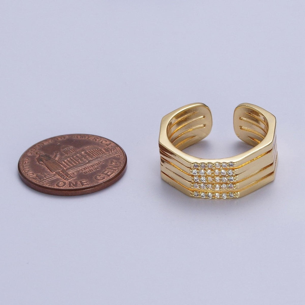 Multiple Band Clear Micro Pave Cubic Zirconia Wide Band Gold & Silver Adjustable Ring R-173 R-175