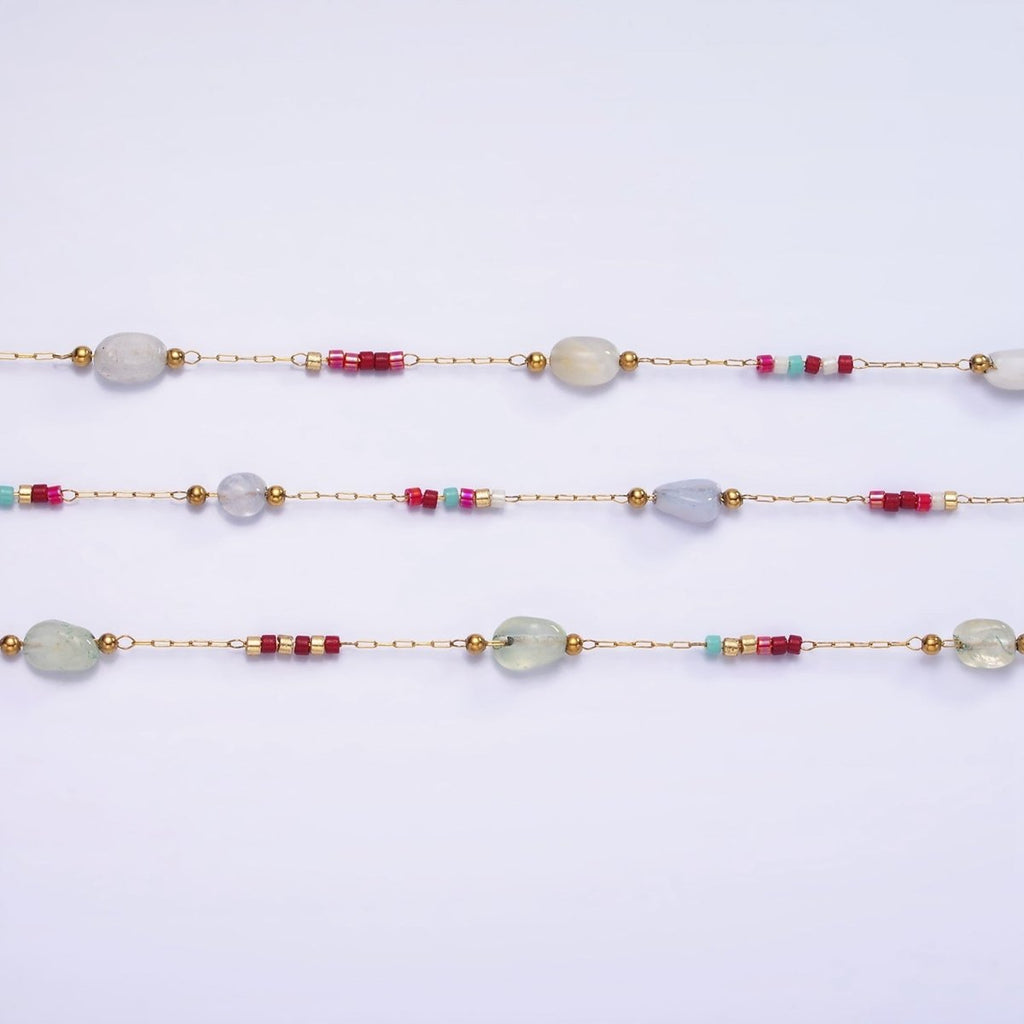 Natural Gemstone Beaded Chain By Yard Stainless Steel Gold Rosary Chain | ROLL-1498 1503
