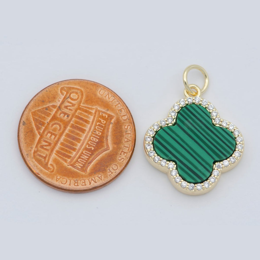 Natural Gemstone charm Malachite Clover pendant, Gold plated Charm Semi Previous Stone with Gold plated Bezel for Earring necklace Bracelet M-369 - DLUXCA