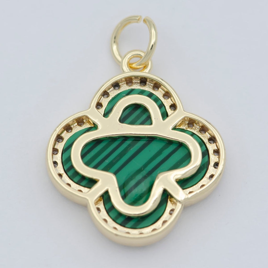 Natural Gemstone charm Malachite Clover pendant, Gold plated Charm Semi Previous Stone with Gold plated Bezel for Earring necklace Bracelet M-369 - DLUXCA