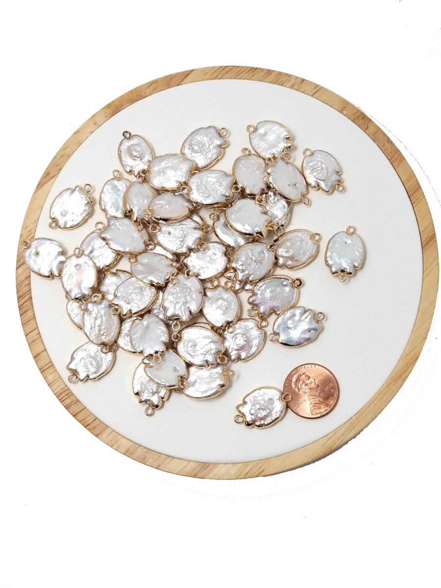 Natural Pearl Charm Irregular size Freeform Pearl Connector Double Bail Flat Drop Pearl Charm for Bracelet Necklace Earring Jewelry Making P-1565 - DLUXCA