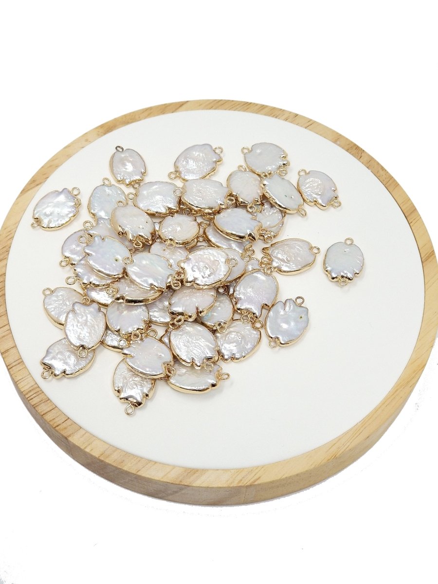 Natural Pearl Charm Irregular size Freeform Pearl Connector Double Bail Flat Drop Pearl Charm for Bracelet Necklace Earring Jewelry Making P-1565 - DLUXCA