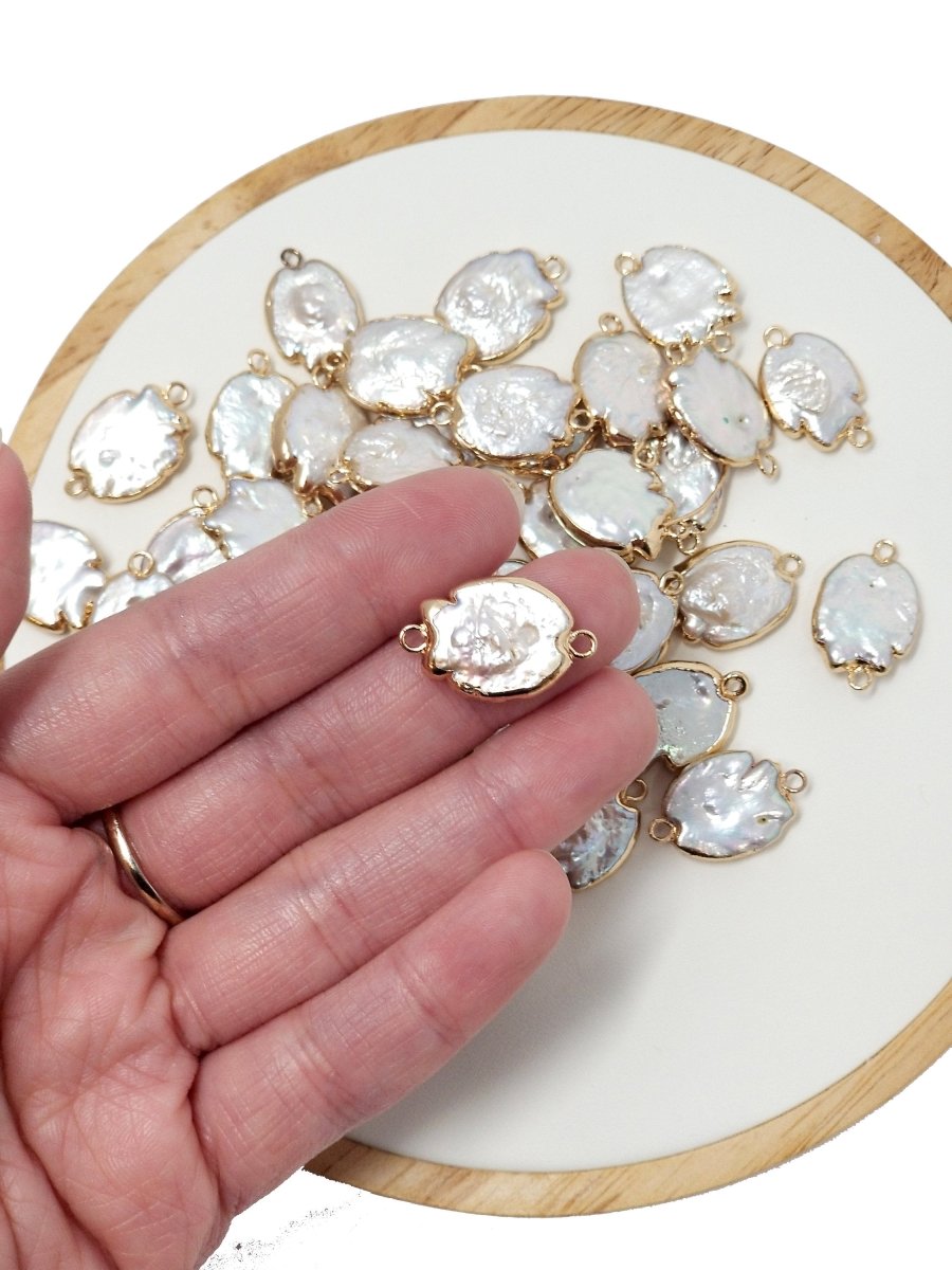 Natural Pearl Charm Irregular size Freeform Pearl Connector Double Bail Flat Drop Pearl Charm for Bracelet Necklace Earring Jewelry Making P-1565 - DLUXCA
