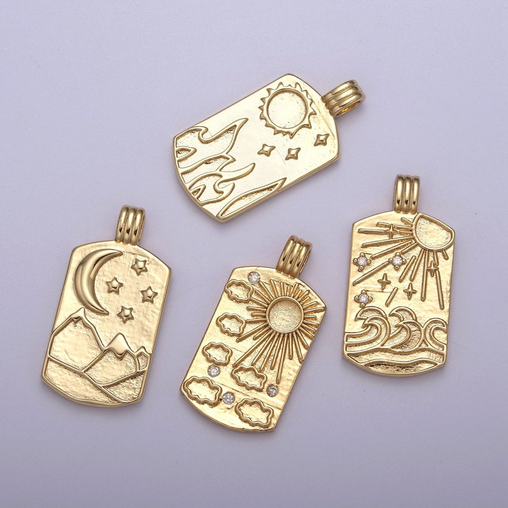 New Element Tag Collection Gold Element Charm Fire Wind Earth Ocean Wave Charm 14K Gold plated Medallion for Necklace Supply H-519 H-521 H-522 H-524 - DLUXCA