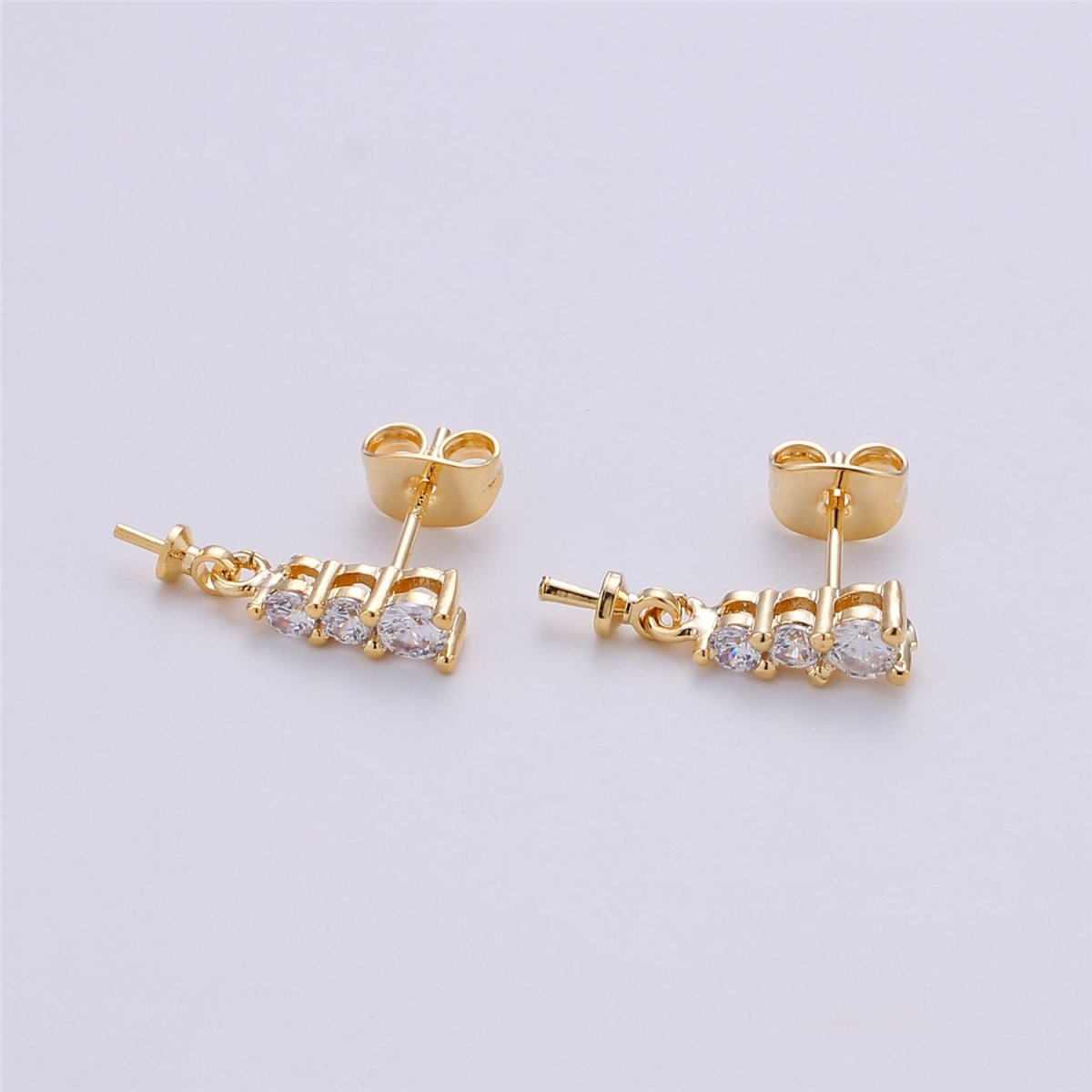 One Pair-14k Gold plated Heart Post Earring Findings, DIY Earring Mount,Half Drilled Pearls Cubic Stud Earring Settings Component K-416 - DLUXCA