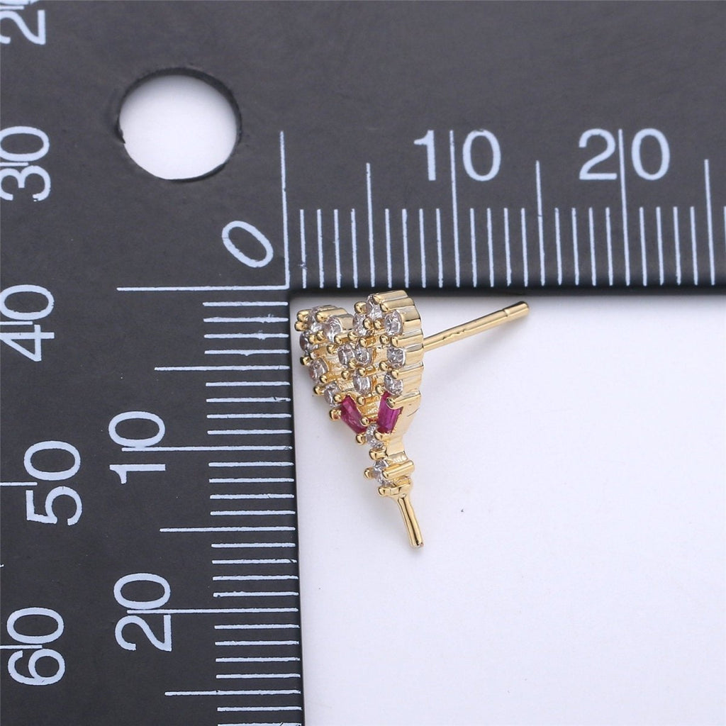 One Pair-14k Gold plated Heart Post Earring Findings, DIY Earring Mount,Half Drilled Pearls Heart Stud Earring Settings Component K-415 - DLUXCA