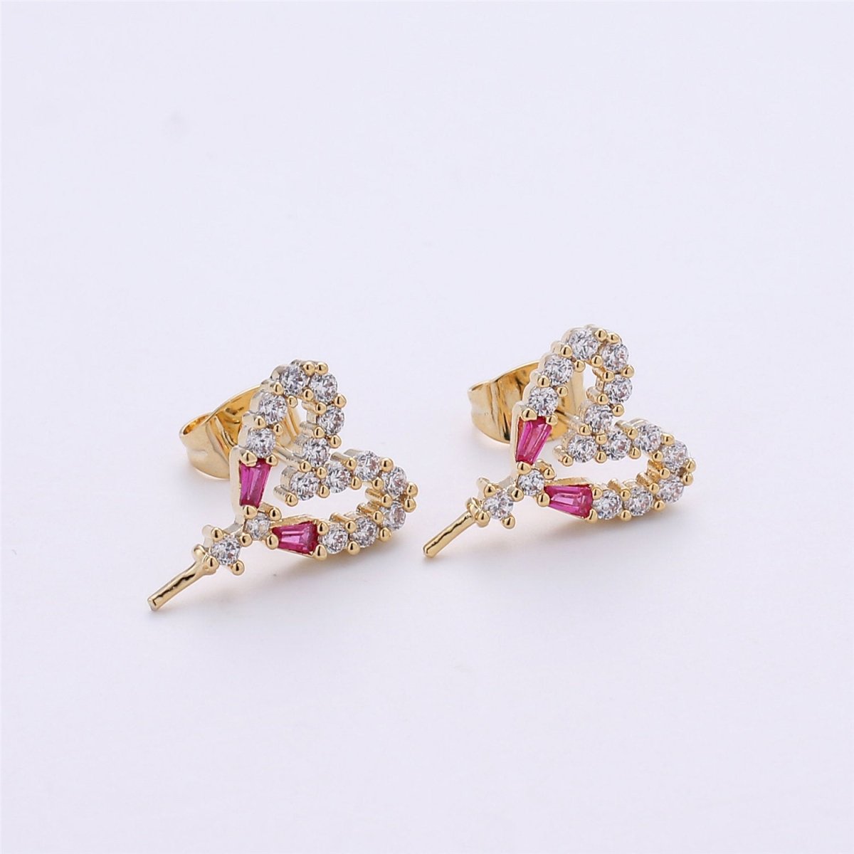 One Pair-14k Gold plated Heart Post Earring Findings, DIY Earring Mount,Half Drilled Pearls Heart Stud Earring Settings Component K-415 - DLUXCA