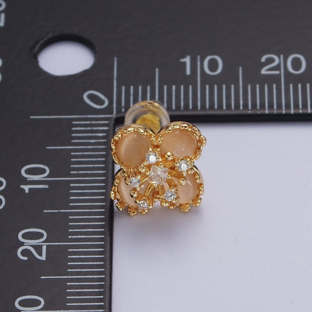 Orange Cats Eye Hibiscus Botanical Flower Mini Gold Stud Earrings | Y-178 - DLUXCA