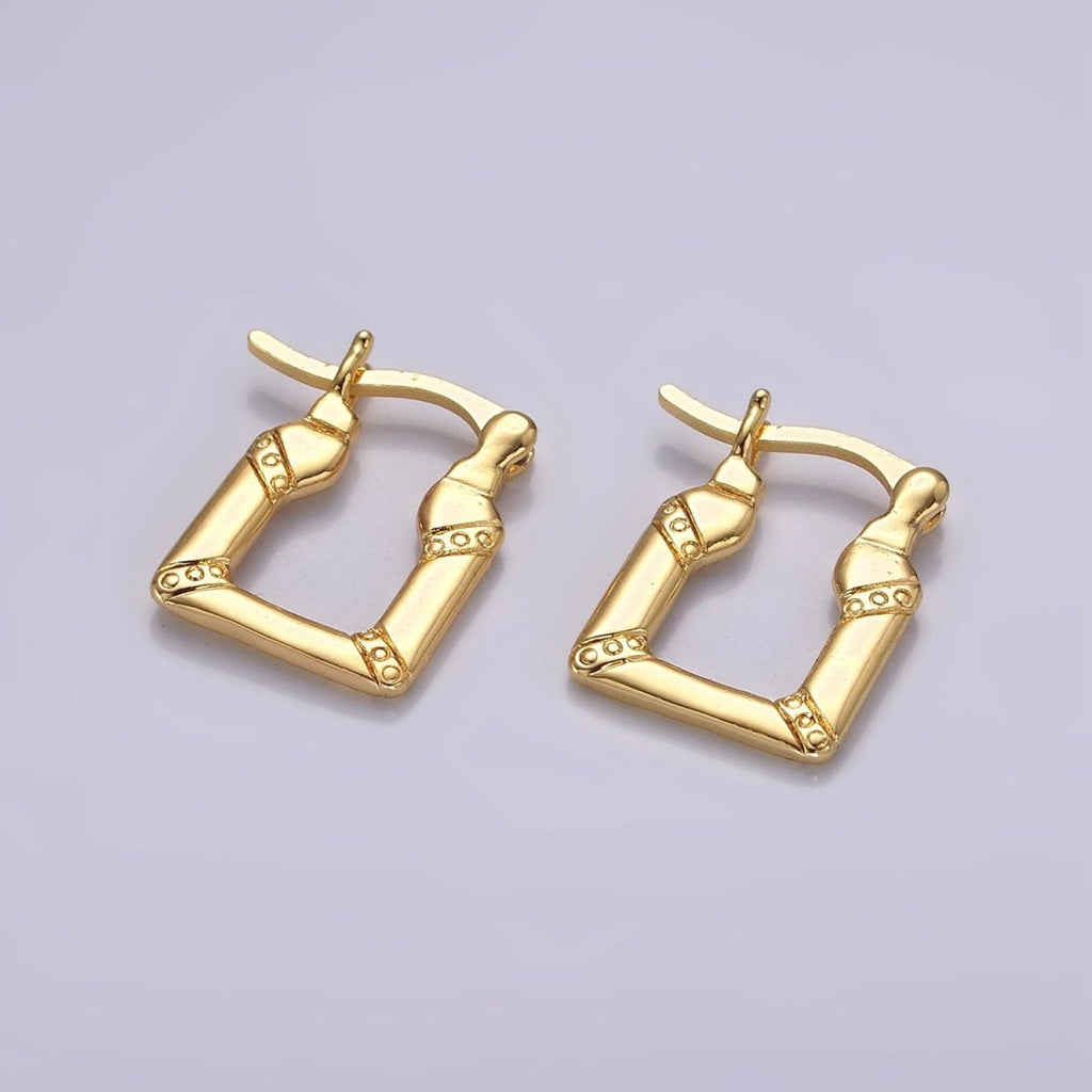 OS 14K Gold plated 15mm Dotted Lined Square French Lock Latch Hoop Earrings | AE965 - DLUXCA