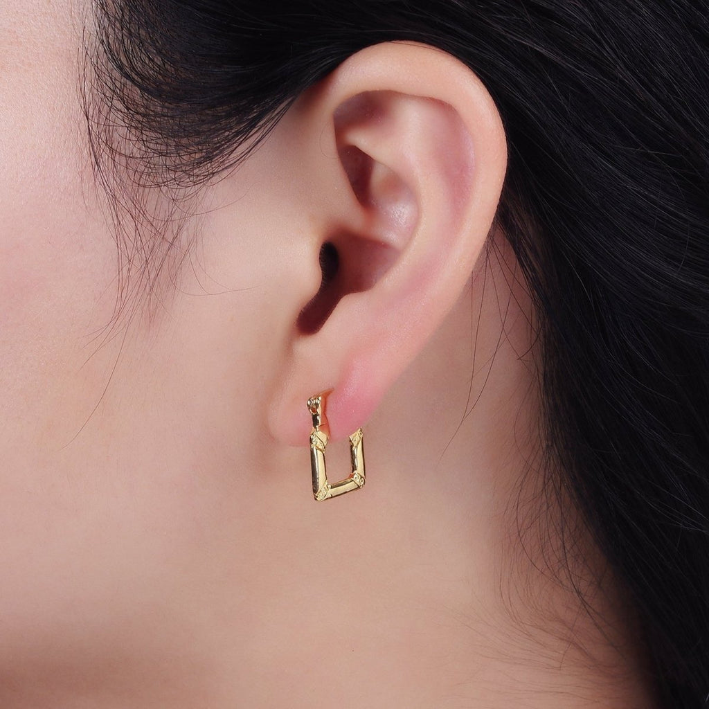 OS 14K Gold plated 15mm Dotted Lined Square French Lock Latch Hoop Earrings | AE965 - DLUXCA