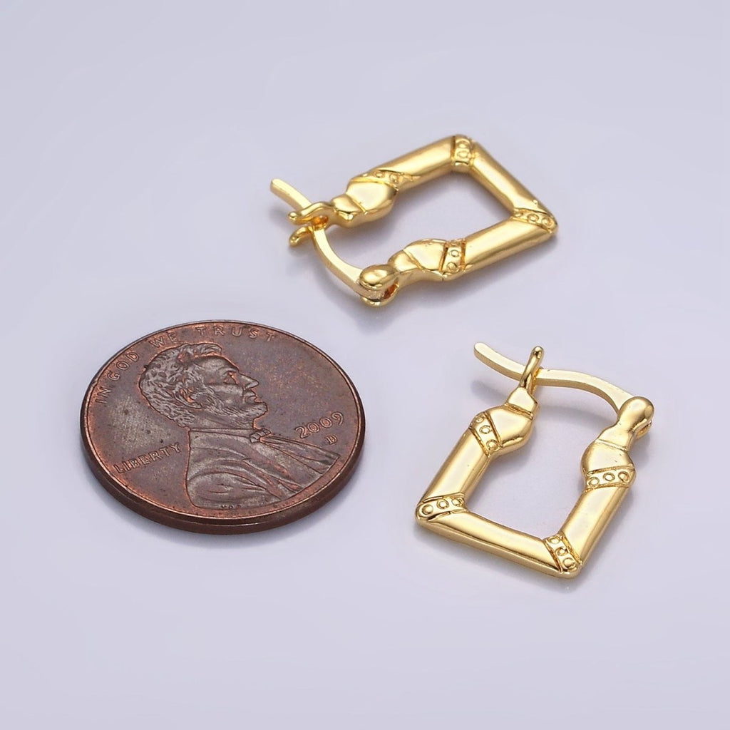 OS 14K Gold plated 15mm Dotted Lined Square French Lock Latch Hoop Earrings | AE965 - DLUXCA