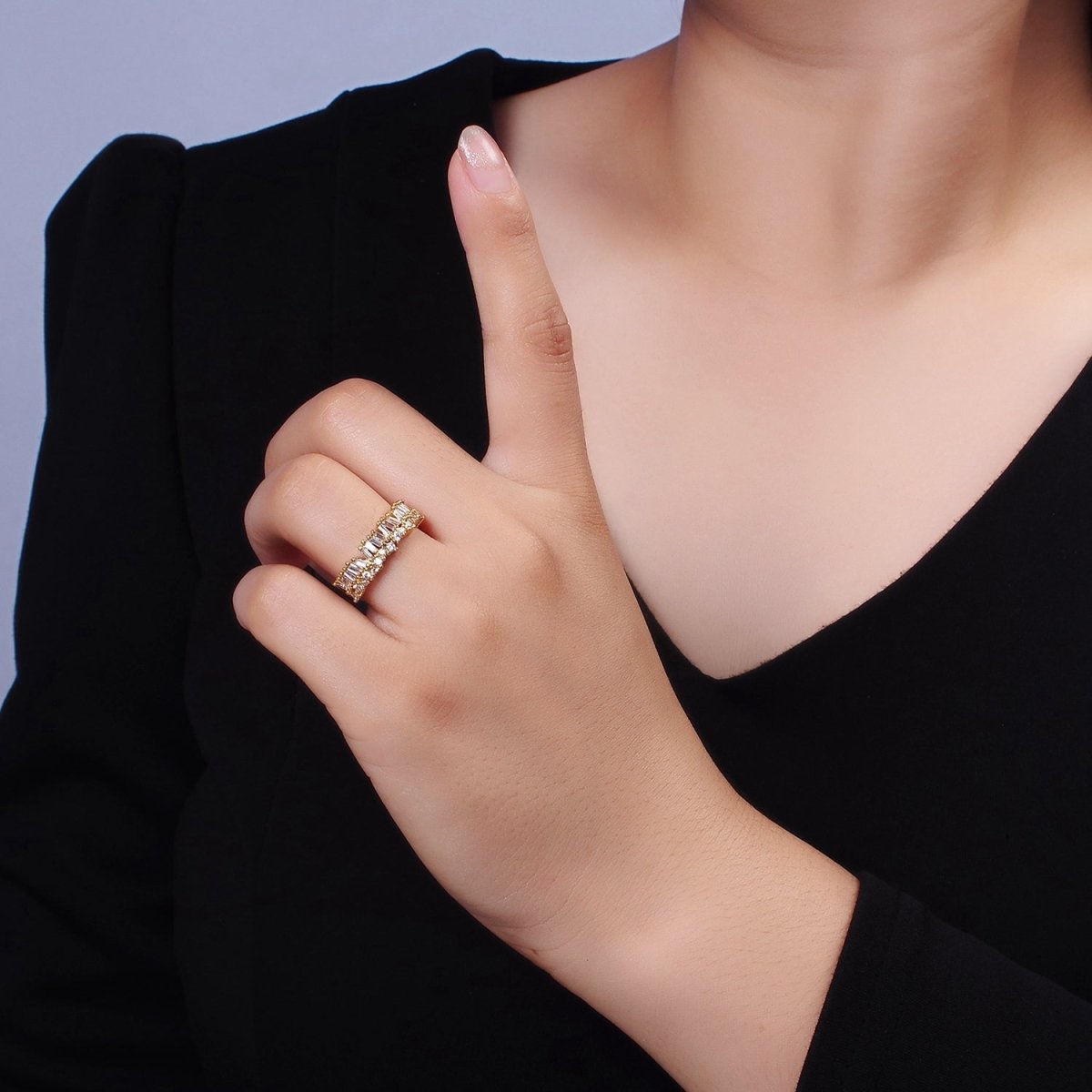 OS 14K Gold plated Clear Baguette CZ Lined Adjustable Ring | O-607 - DLUXCA