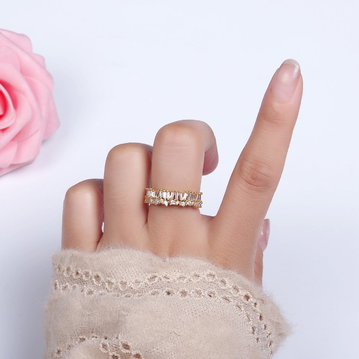 OS 14K Gold plated Clear Baguette CZ Lined Adjustable Ring | O-607 - DLUXCA