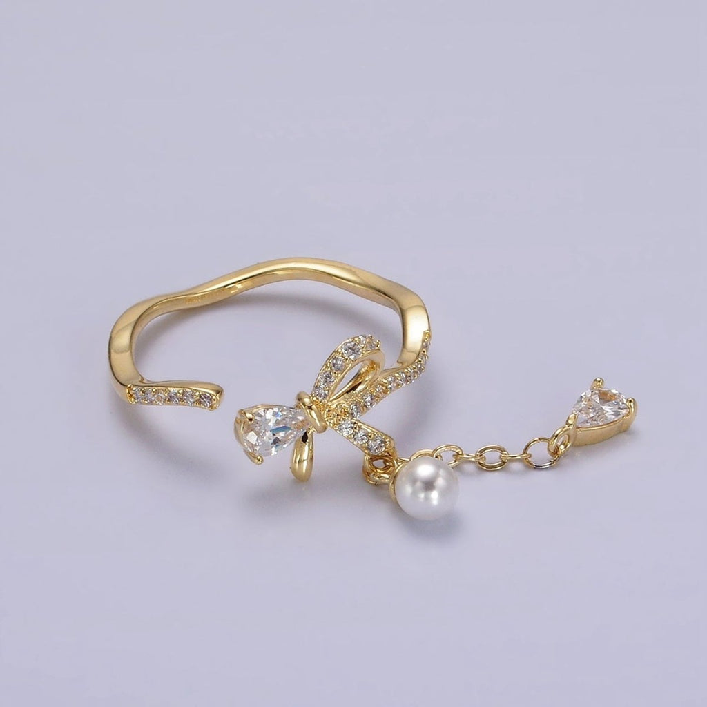 OS 14K Gold plated Ribbon Bow Micro Paved CZ Teardrop Pearl Drop Ring Coquette Girl Jewelry | O1187 - DLUXCA
