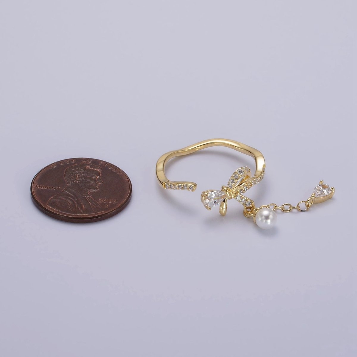 OS 14K Gold plated Ribbon Bow Micro Paved CZ Teardrop Pearl Drop Ring Coquette Girl Jewelry | O1187 - DLUXCA