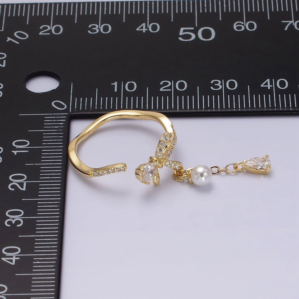 OS 14K Gold plated Ribbon Bow Micro Paved CZ Teardrop Pearl Drop Ring Coquette Girl Jewelry | O1187 - DLUXCA