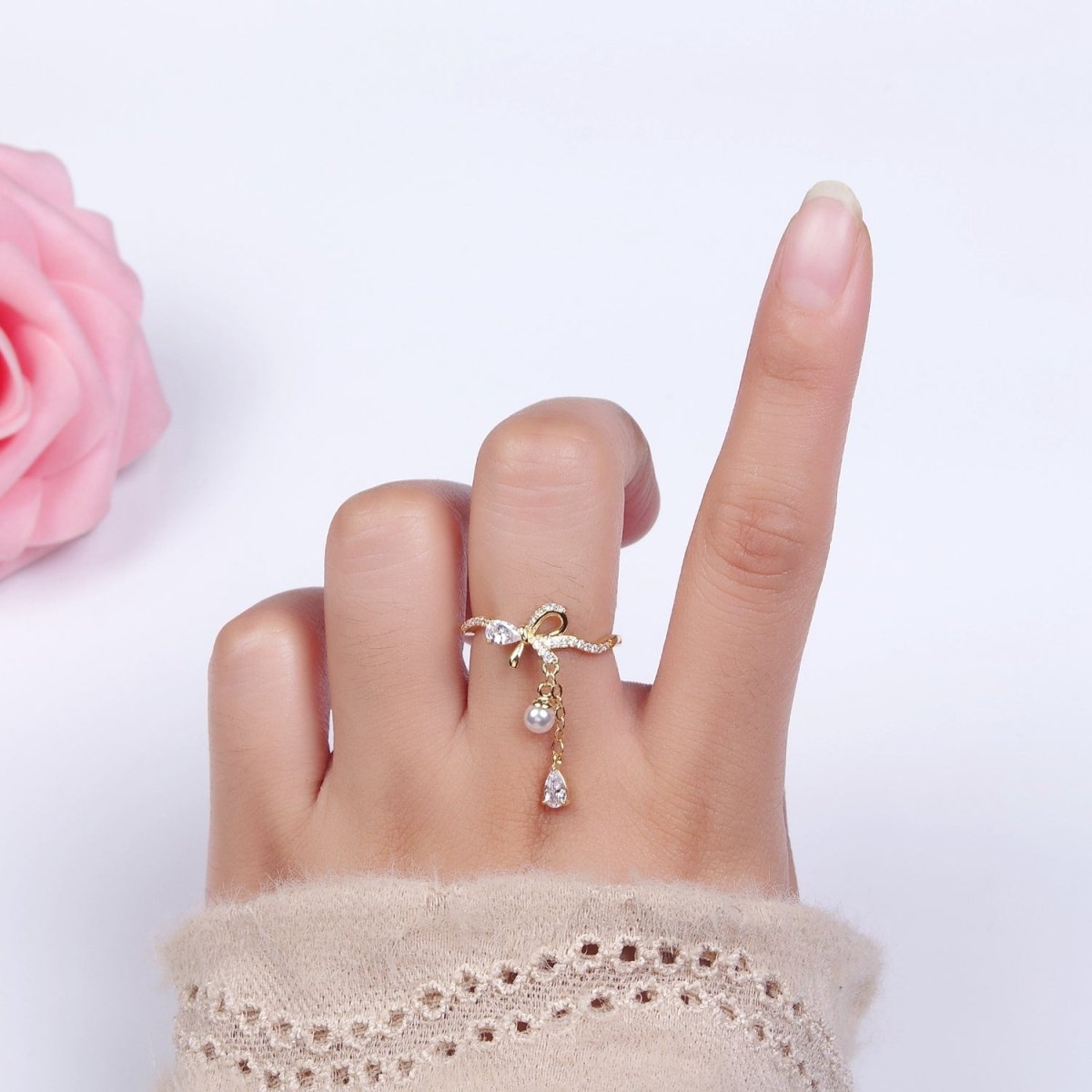 OS 14K Gold plated Ribbon Bow Micro Paved CZ Teardrop Pearl Drop Ring Coquette Girl Jewelry | O1187 - DLUXCA