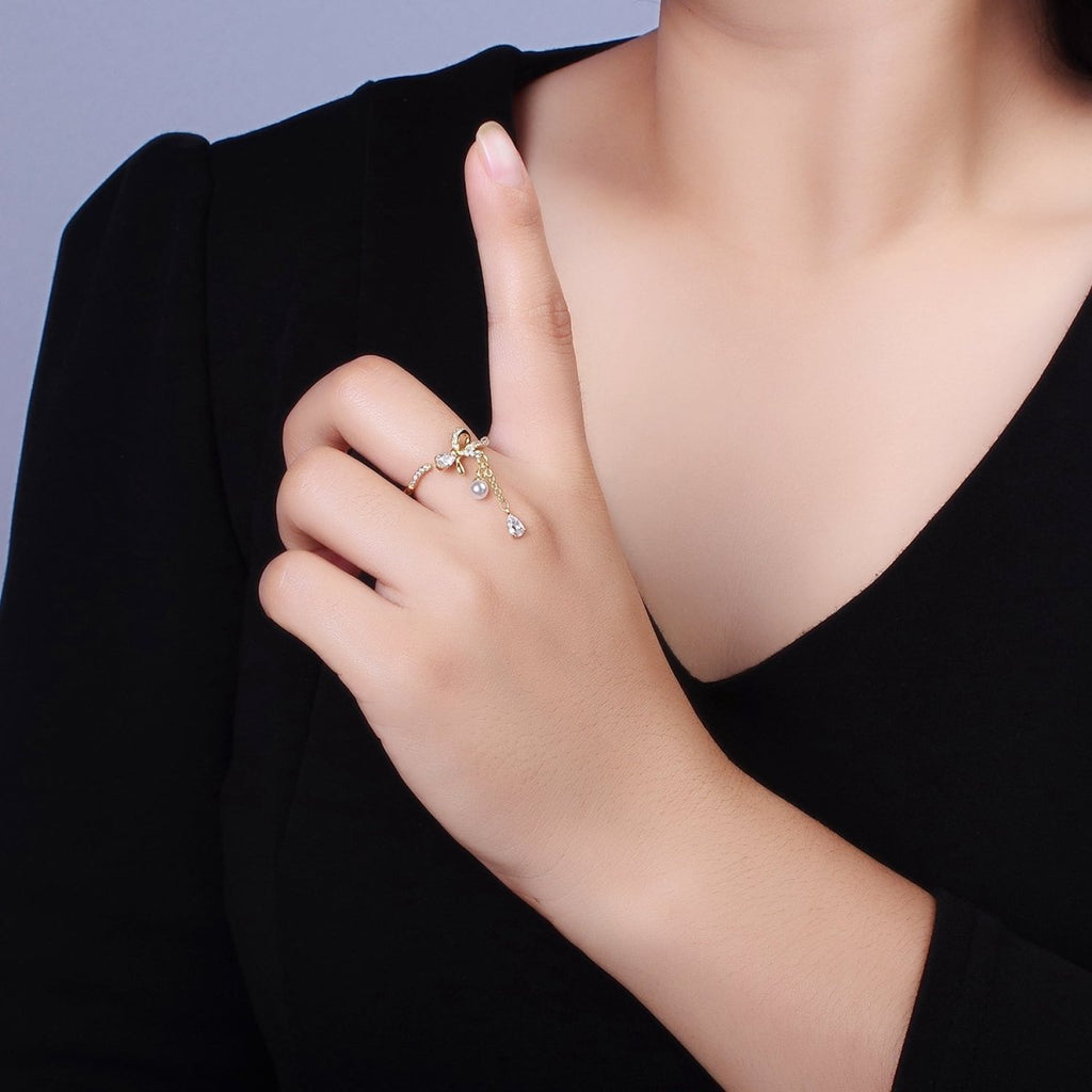 OS 14K Gold plated Ribbon Bow Micro Paved CZ Teardrop Pearl Drop Ring Coquette Girl Jewelry | O1187 - DLUXCA