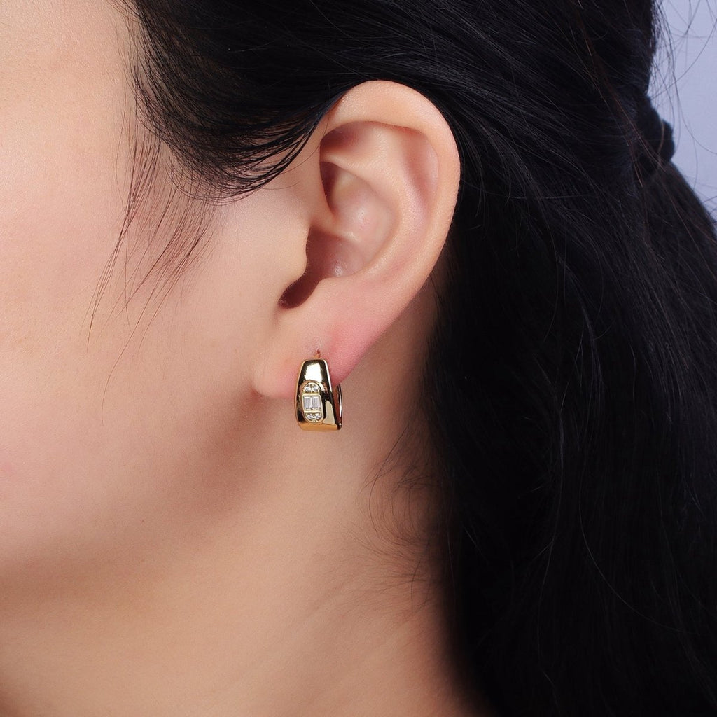OS 14K Gold plated Wide Oblong Clear CZ 15mm Wide Huggie Earrings | AB270 - DLUXCA