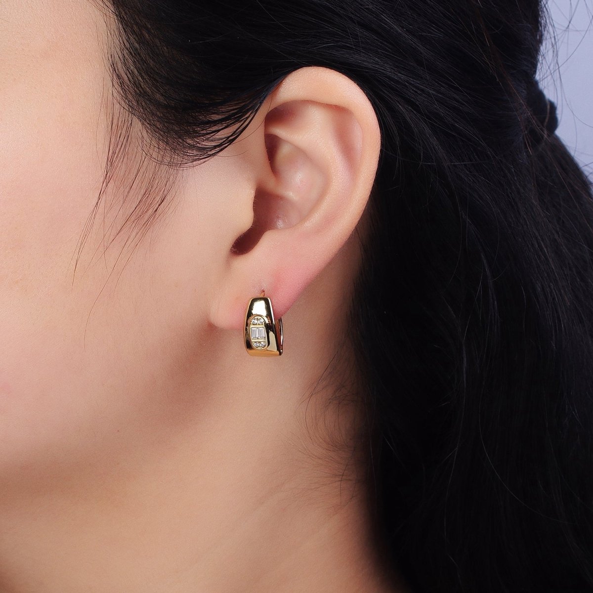 OS 14K Gold plated Wide Oblong Clear CZ 15mm Wide Huggie Earrings | AB270 - DLUXCA