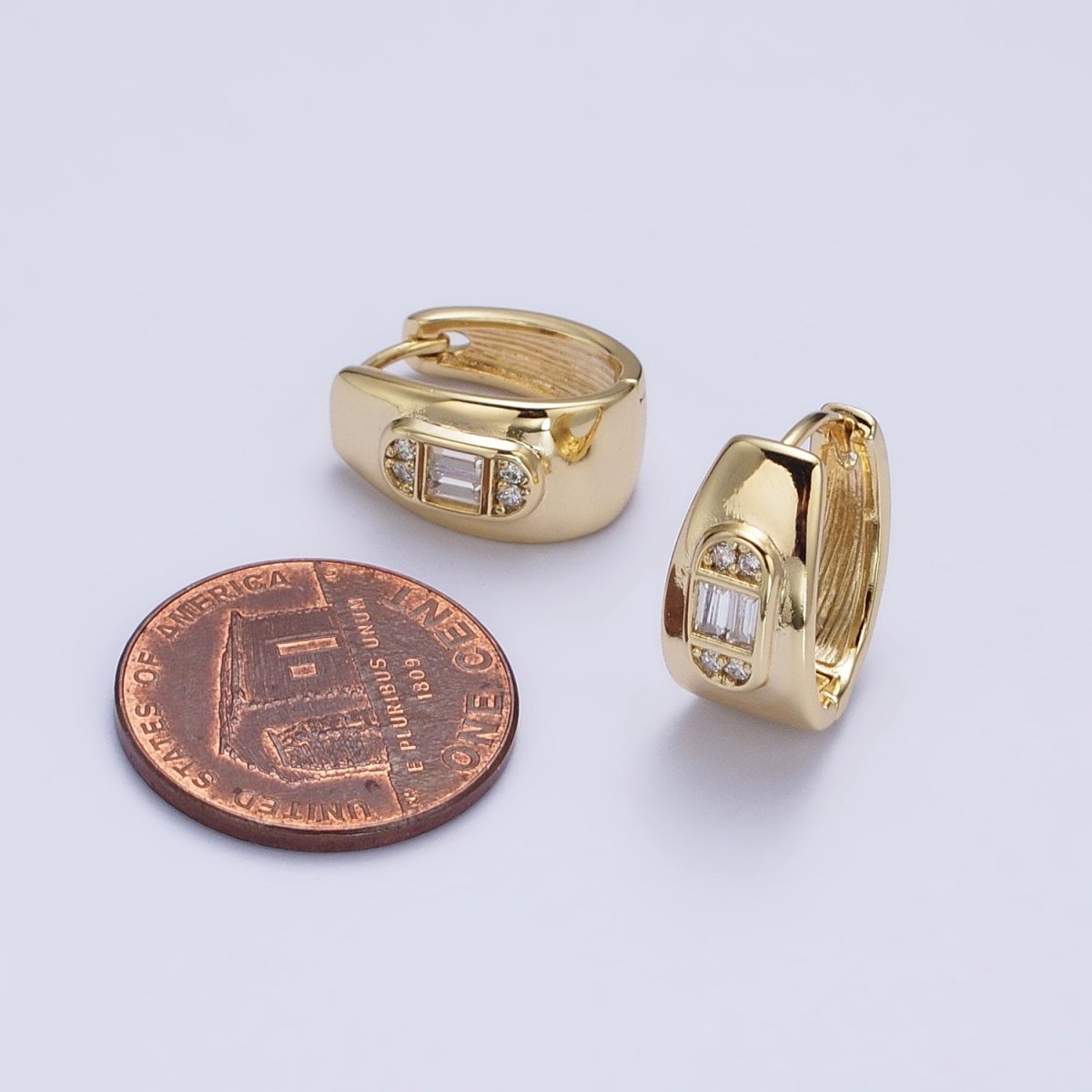 OS 14K Gold plated Wide Oblong Clear CZ 15mm Wide Huggie Earrings | AB270 - DLUXCA