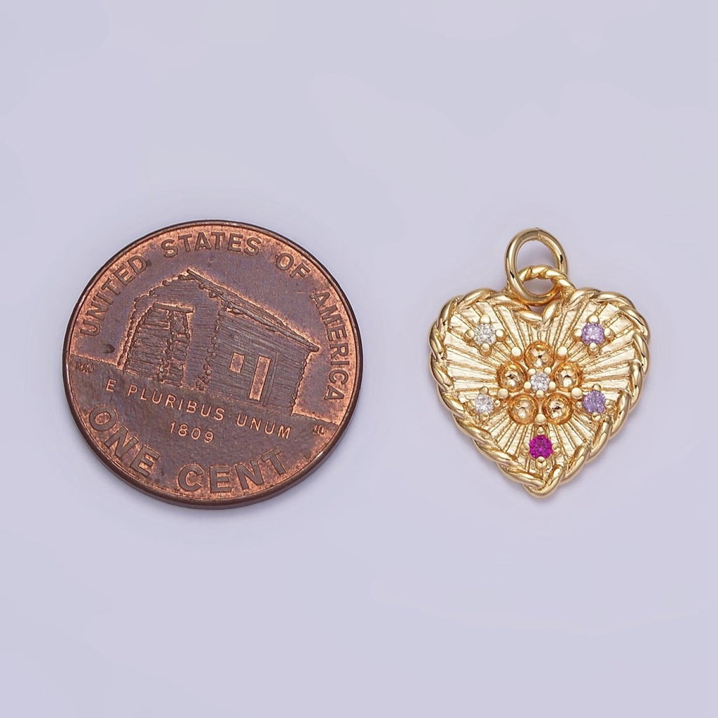 OS 16K Gold plated Multicolor CZ Dotted Sunburst Twisted Croissant Heart Charm | N1013 - DLUXCA