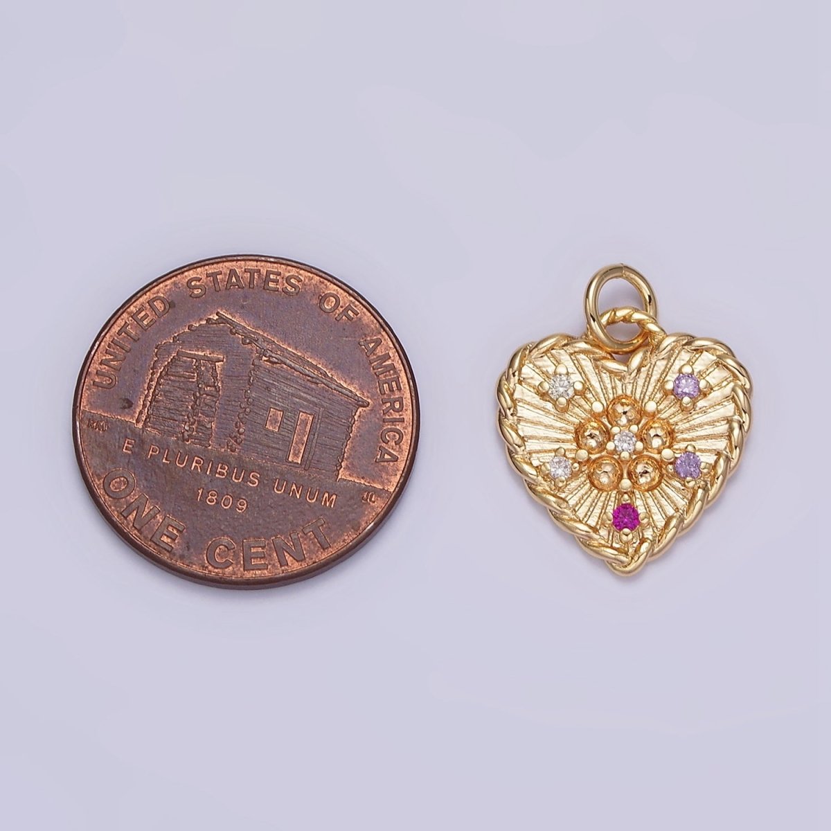 OS 16K Gold plated Multicolor CZ Dotted Sunburst Twisted Croissant Heart Charm | N1013 - DLUXCA