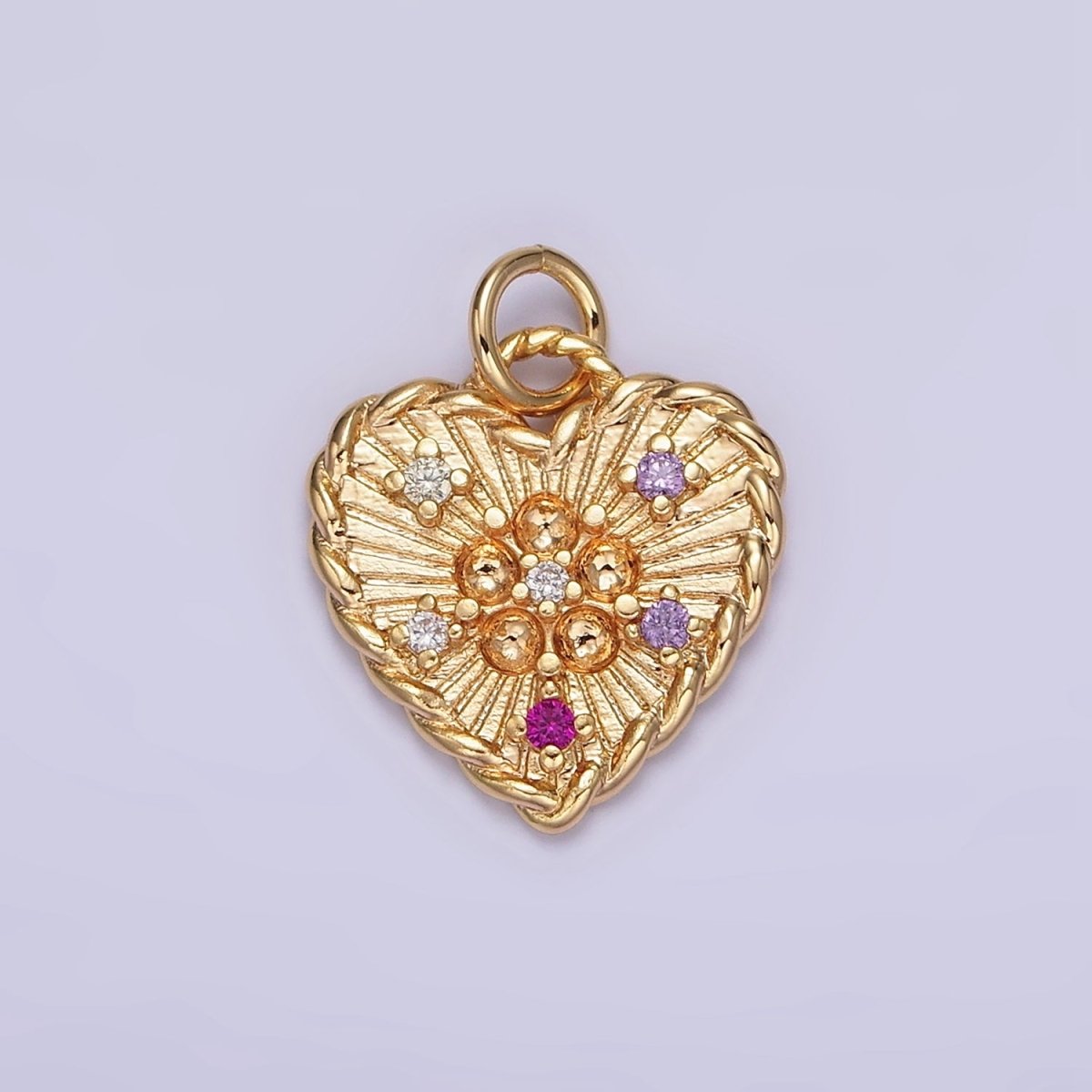 OS 16K Gold plated Multicolor CZ Dotted Sunburst Twisted Croissant Heart Charm | N1013 - DLUXCA