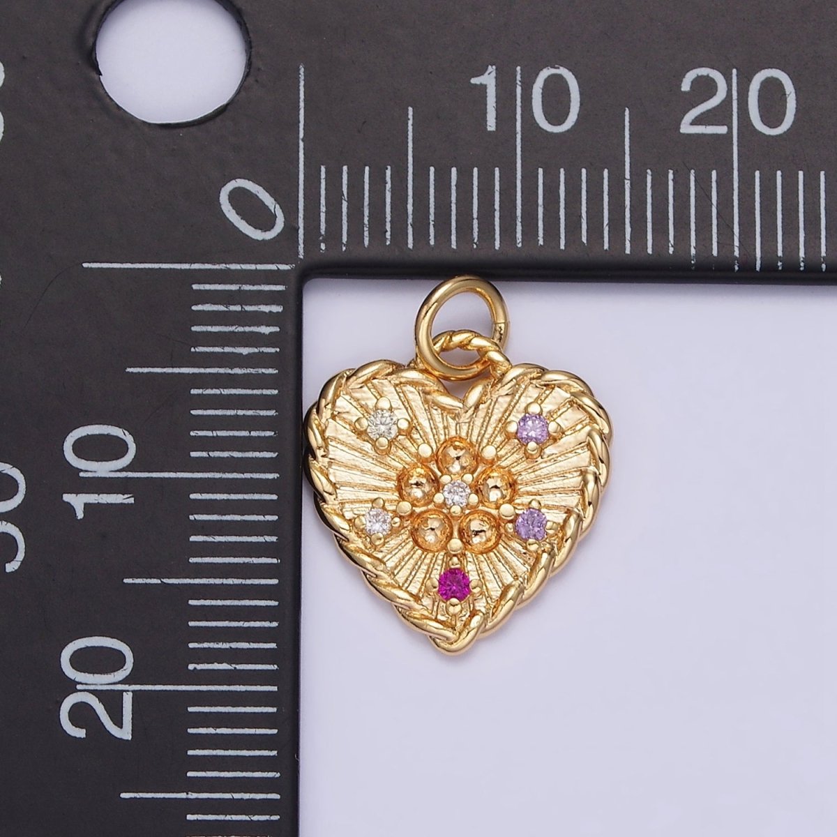 OS 16K Gold plated Multicolor CZ Dotted Sunburst Twisted Croissant Heart Charm | N1013 - DLUXCA