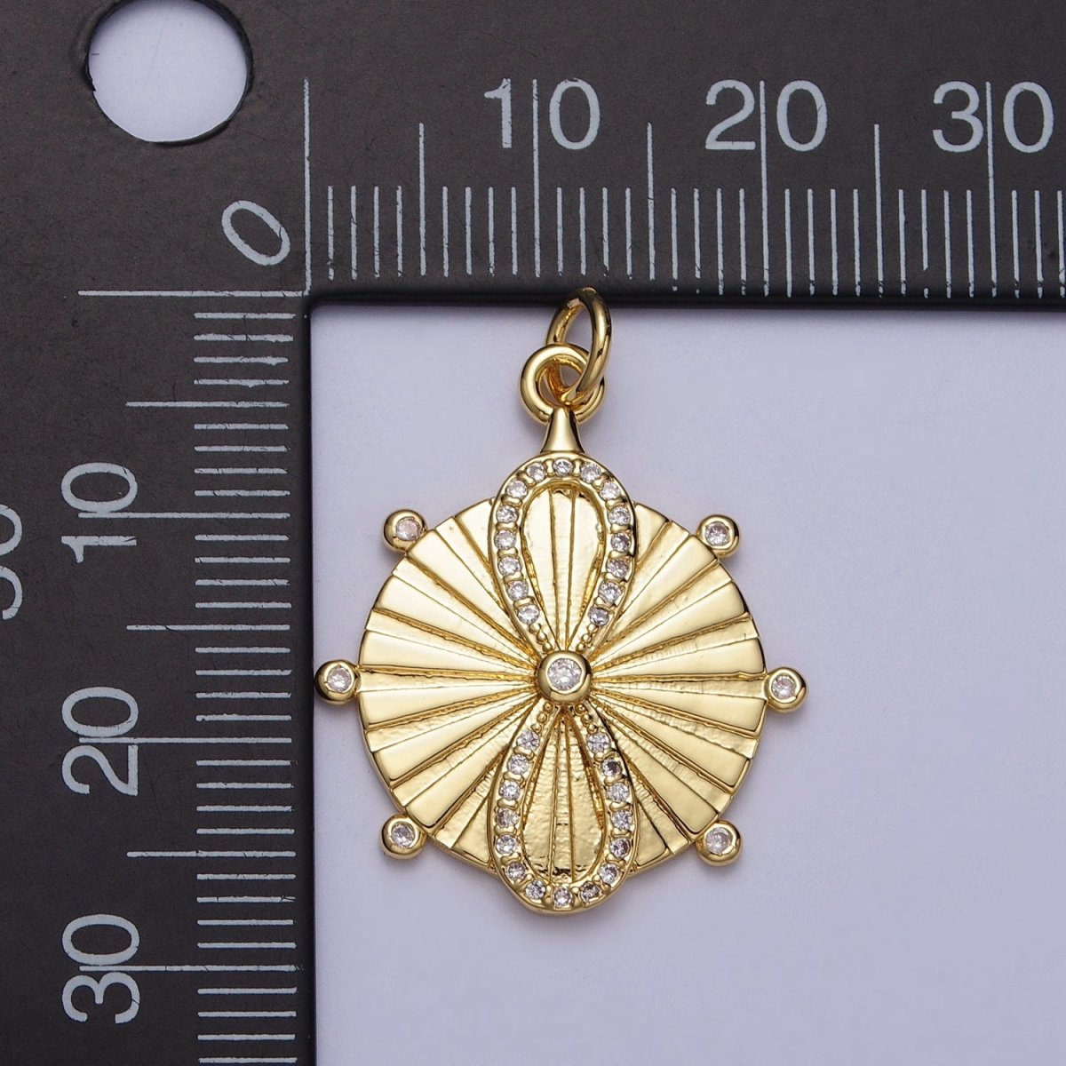 OS 24K Gold plated Micro Paved CZ Infinity Sun Ray Round Medallion Charm Radiant Pendant E-444 - DLUXCA
