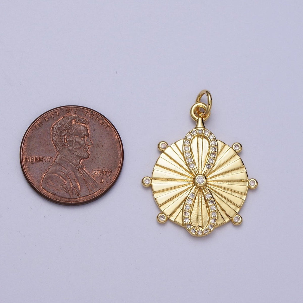 OS 24K Gold plated Micro Paved CZ Infinity Sun Ray Round Medallion Charm Radiant Pendant E-444 - DLUXCA